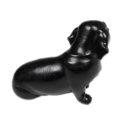 Wood figurine, 'Happy Black Dachshund' - Hand-Painted Wood Figurine of Stretching Black Dachshund