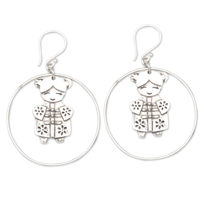 Sterling silver dangle earrings, 'Sweet Greetings' - Whimsical Round Sterling Silver Dangle Earrings