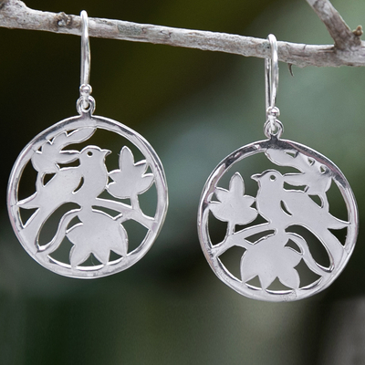 Sterling silver dangle earrings, 'Morning Chorus' - Nature-Themed Round Sterling Silver Dangle Earrings
