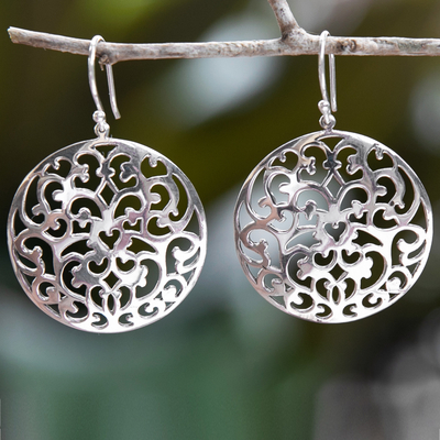 Sterling silver dangle earrings, 'Eden of Love' - Traditional Leafy Round Sterling Silver Dangle Earrings