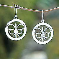 Sterling silver dangle earrings, 'Noble Fluttering' - Minimalist Round Sterling Silver Butterfly Dangle Earrings