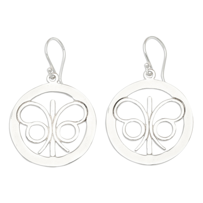 Sterling silver dangle earrings, 'Noble Fluttering' - Minimalist Round Sterling Silver Butterfly Dangle Earrings