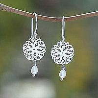 Cultured pearl dangle earrings, 'September Blooms' - Floral Sterling Silver Dangle Earrings with White Pearls