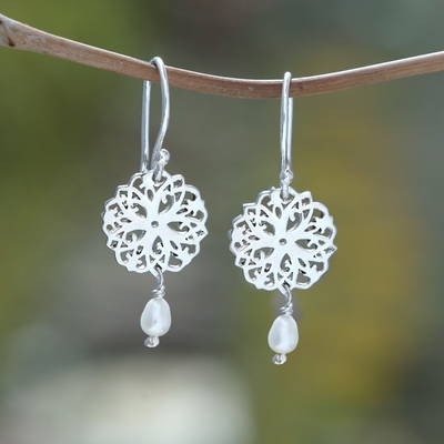 Cultured pearl dangle earrings, 'September Blooms' - Floral Sterling Silver Dangle Earrings with White Pearls