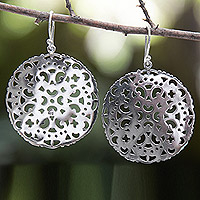 Sterling silver dangle earrings, 'Eden of Passion' - Polished Classic Leafy Round Sterling Silver Dangle Earrings