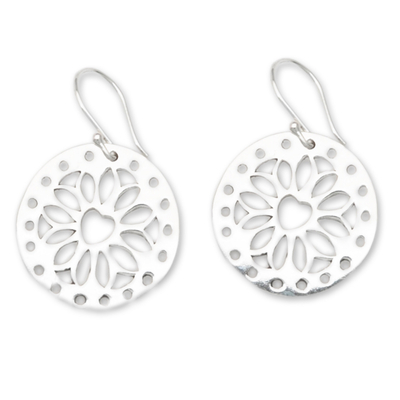 Sterling silver dangle earrings, 'Lotus Whisper' - Lotus and Heart-Themed Round Sterling Silver Dangle Earrings