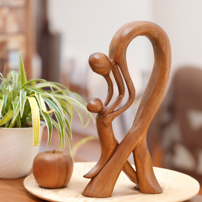 Wood sculpture, 'My Little Boy' - Hand-Carved Suar Wood Sculpture of Father and Child