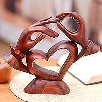 Wood sculpture, 'Happy Engagement' - Hand Carved Abstract Wood Sculpture of Marriage Proposal