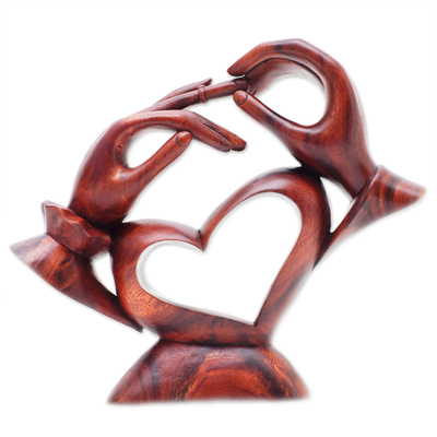 Signed Wood Sculpture of Heart in Hands, 'Giving Love