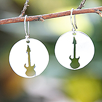 Sterling silver dangle earrings, 'Your Melody' - Guitar-Themed Round Sterling Silver Dangle Earrings