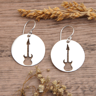 Sterling silver dangle earrings, 'Your Melody' - Guitar-Themed Round Sterling Silver Dangle Earrings
