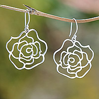 Sterling silver dangle earrings, 'Romantic Silhouette' - High-Polished Rose-Shaped Sterling Silver Dangle Earrings