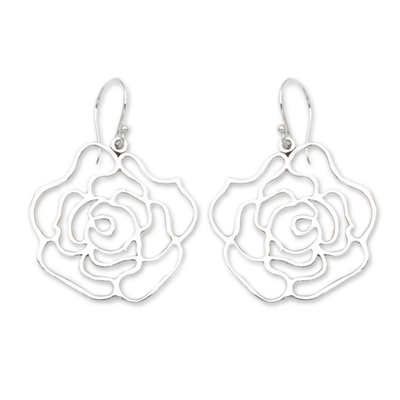 Sterling silver dangle earrings, 'Romantic Silhouette' - High-Polished Rose-Shaped Sterling Silver Dangle Earrings