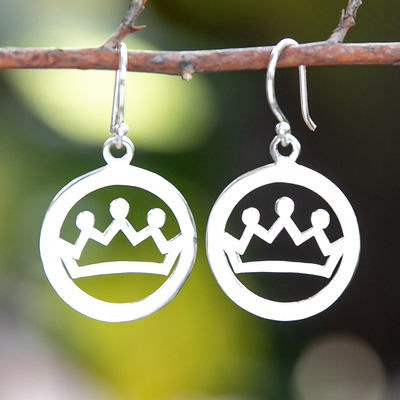 Sterling silver dangle earrings, 'Majestic You' - Whimsical Crown-Themed Round Sterling Silver Dangle Earrings