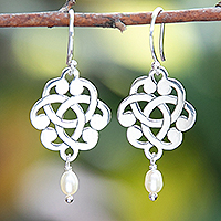 Cultured pearl dangle earrings, 'Triquetra Blooms' - Celtic Sterling Silver Dangle Earrings with Cultured Pearls