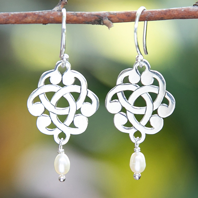 Aretes colgantes de perlas cultivadas - Pendientes colgantes de plata de ley celta con perlas cultivadas