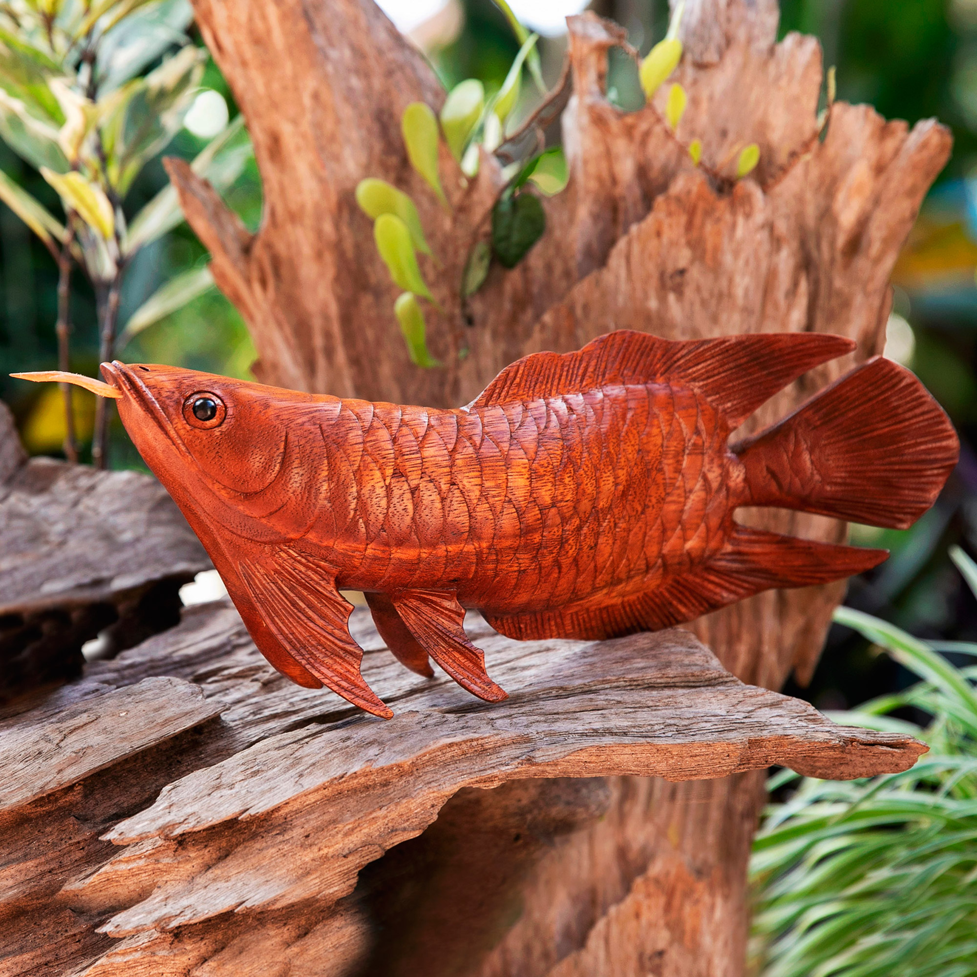 Hand-Carved Suar Wood Arowana Fish Sculpture from Bali - Asian