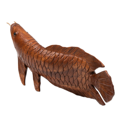 Wood sculpture, 'Asian Arowana' - Hand-Carved Suar Wood Arowana Fish Sculpture from Bali
