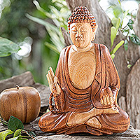 Holzskulptur „Frieden des Buddha“ – balinesische handgeschnitzte Suar-Holzskulptur des Meisters Buddha