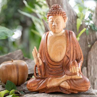 Wood sculpture, 'Peace of Buddha' - Balinese Hand-Carved Suar Wood Sculpture of Master Buddha