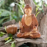 Wood sculpture, 'Peace of Buddha' - Balinese Hand-Carved Suar Wood Sculpture of Master Buddha