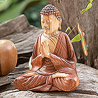 Wood sculpture, 'Meditation Master' - Hand-Carved Suar Wood Sculpture of Meditating Buddha