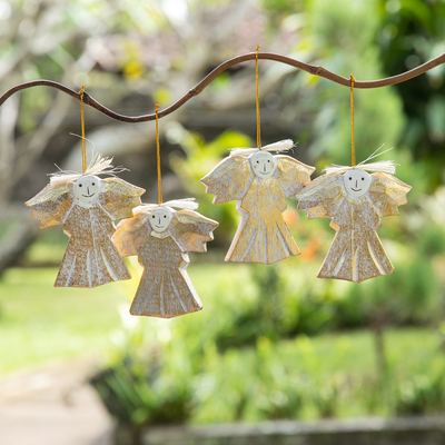 Wood holiday ornaments, 'Cheerful Angels' (set of 4) - 4 Wood Angel Holiday Ornaments with Distressed Finish