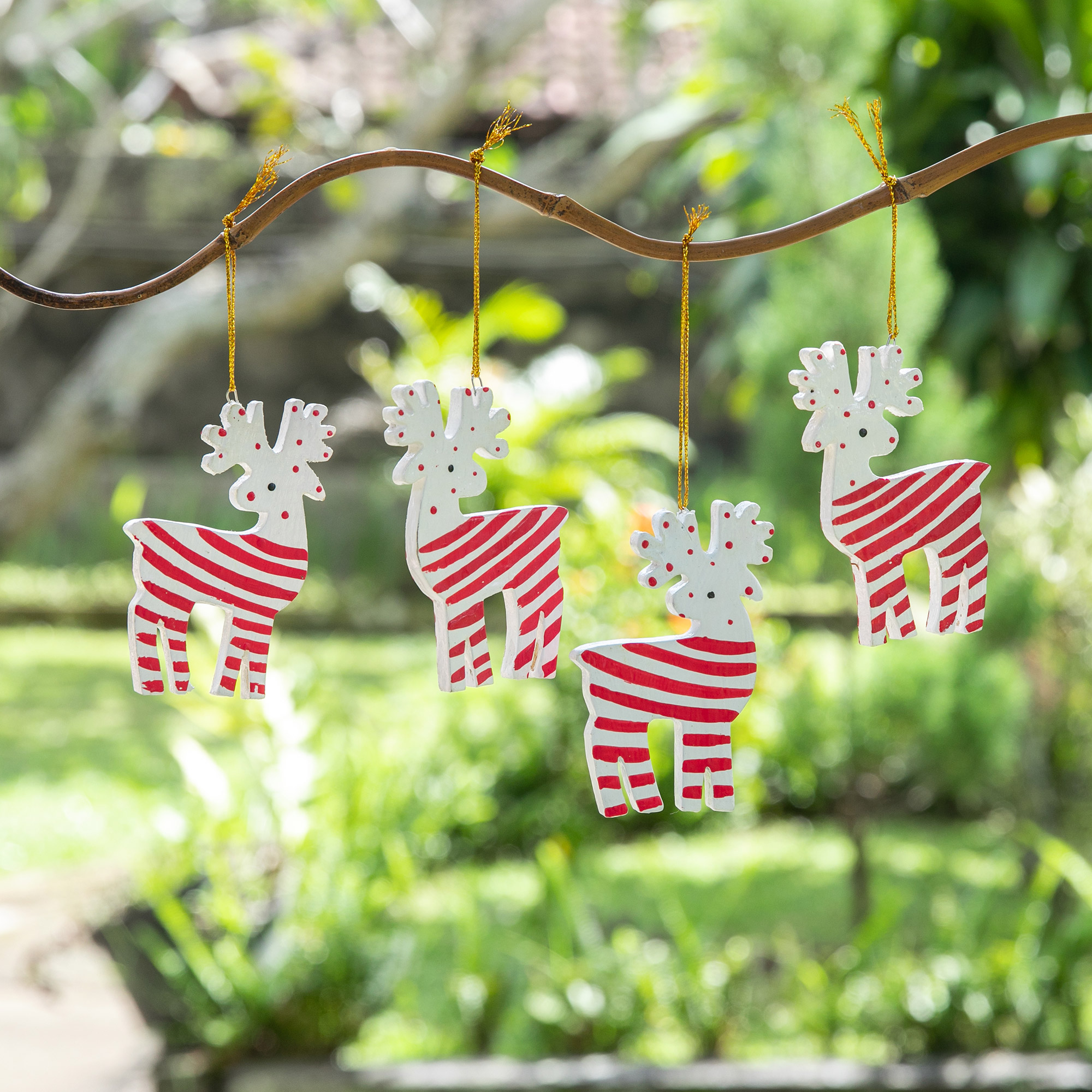 Set of 4 Hand-Painted Wood Holiday Reindeer Ornaments - Merry