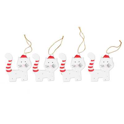 Adornos navideños de madera, (juego de 4) - Juego de 4 adornos de gato de madera de Albesia pintados a mano