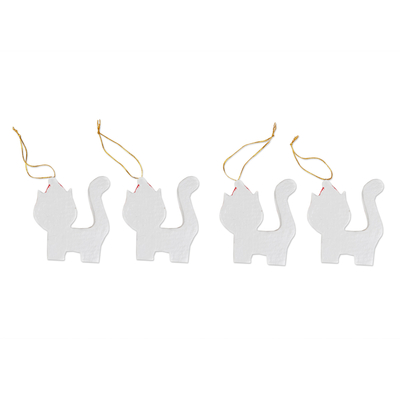 Wood holiday ornaments, 'Merry Felines' (set of 4) - Set of 4 Hand-Painted Albesia Wood Cat Ornaments