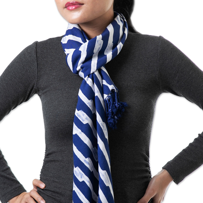 Rayon batik scarf, 'The Waves' - Fringed Patterned Blue & White Rayon Batik Scarf from Java