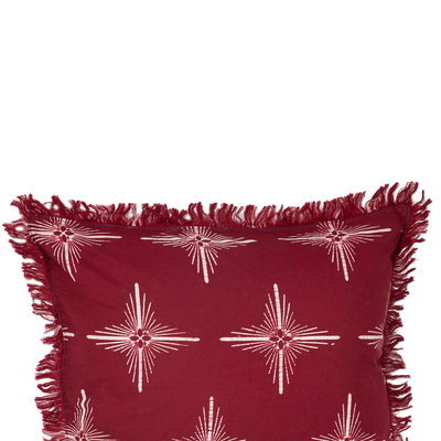 Cotton batik cushion cover, 'Brightest Cherry Star' - Star-Themed Cherry Cotton Batik Cushion Cover with Fringes