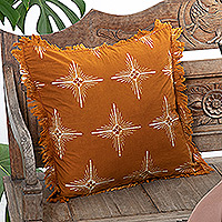Cotton batik cushion cover, 'Brightest Saffron Star' - Star-Themed Saffron Cotton Batik Cushion Cover with Fringes