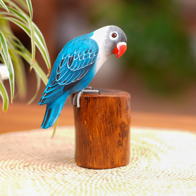 Escultura de madera - Escultura de pájaro azul de madera de Suar hecha a mano con base de madera