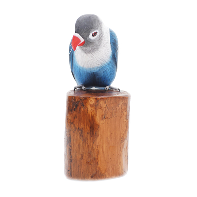 Wood sculpture, 'Blue Lovebird' - Handcrafted Suar Wood Blue Bird Sculpture with Wooden Base