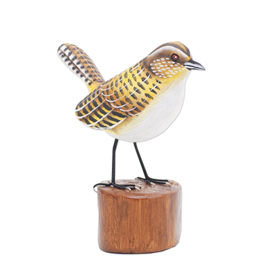 Wood sculpture, 'Singing Canary' - Handcrafted Suar Wood Canary Sculpture with Wooden Base