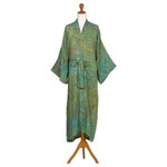 Men's batik rayon robe, 'Greenery' - Men's Patterned Batik Rayon Robe in Green Turquoise & Brown