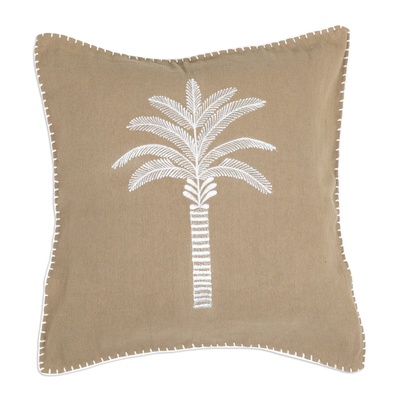 Cotton cushion cover, 'Tropical Taupe' - Embroidered Light Taupe Cotton Cushion Cover with Tree Motif