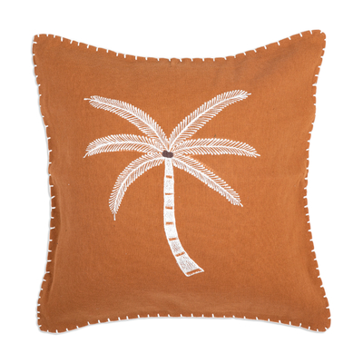 Cotton cushion cover, 'Tropical Ginger' - Embroidered Ginger Cotton Cushion Cover with Tree Motif