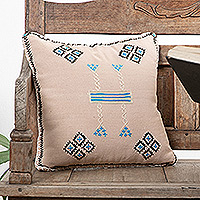 Cotton cushion cover, 'Bali Beige Majesty' - Traditional Embroidered Beige and Blue Cotton Cushion Cover