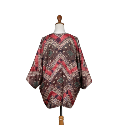 Chaqueta tipo kimono de seda batik - Chaqueta kimono de seda tejida a mano con motivos geométricos de batik
