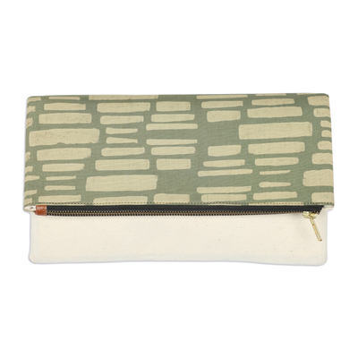 Cotton and rayon batik foldover clutch bag, 'Green Pathway' - Cotton & Rayon Batik Foldover Clutch in Ivory Green & Wheat
