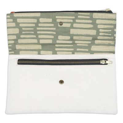 Bolso de mano plegable en batik de algodón y rayón - Clutch plegable de batik de algodón y rayón en verde marfil y trigo