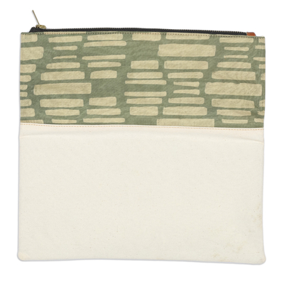 Bolso de mano plegable en batik de algodón y rayón - Clutch plegable de batik de algodón y rayón en verde marfil y trigo