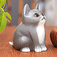 Wood figurine, 'Dreamy Kitten' - Handcrafted Kitten Suar Wood Figurine in Grey Hues