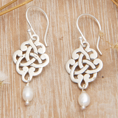 Cultured pearl dangle earrings, 'Bridal Trinity Knot' - Sterling Silver Trinity Knot Dangle Earrings with Pearls