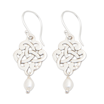 Cultured pearl dangle earrings, 'Bridal Trinity Knot' - Sterling Silver Trinity Knot Dangle Earrings with Pearls