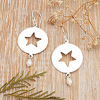 Cultured pearl dangle earrings, 'Heavenly Star' - Sterling Silver Star Dangle Earrings with Grey Pearls