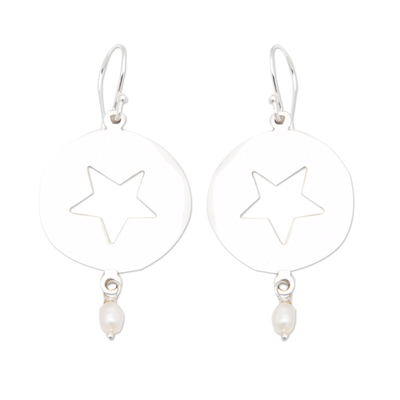 Cultured pearl dangle earrings, 'Heavenly Star' - Sterling Silver Star Dangle Earrings with Grey Pearls