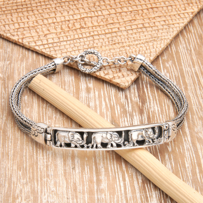 Sterling silver pendant bracelet, 'Elephant Runway' - Elephant-Themed Sterling Silver Pendant Bracelet from Bali